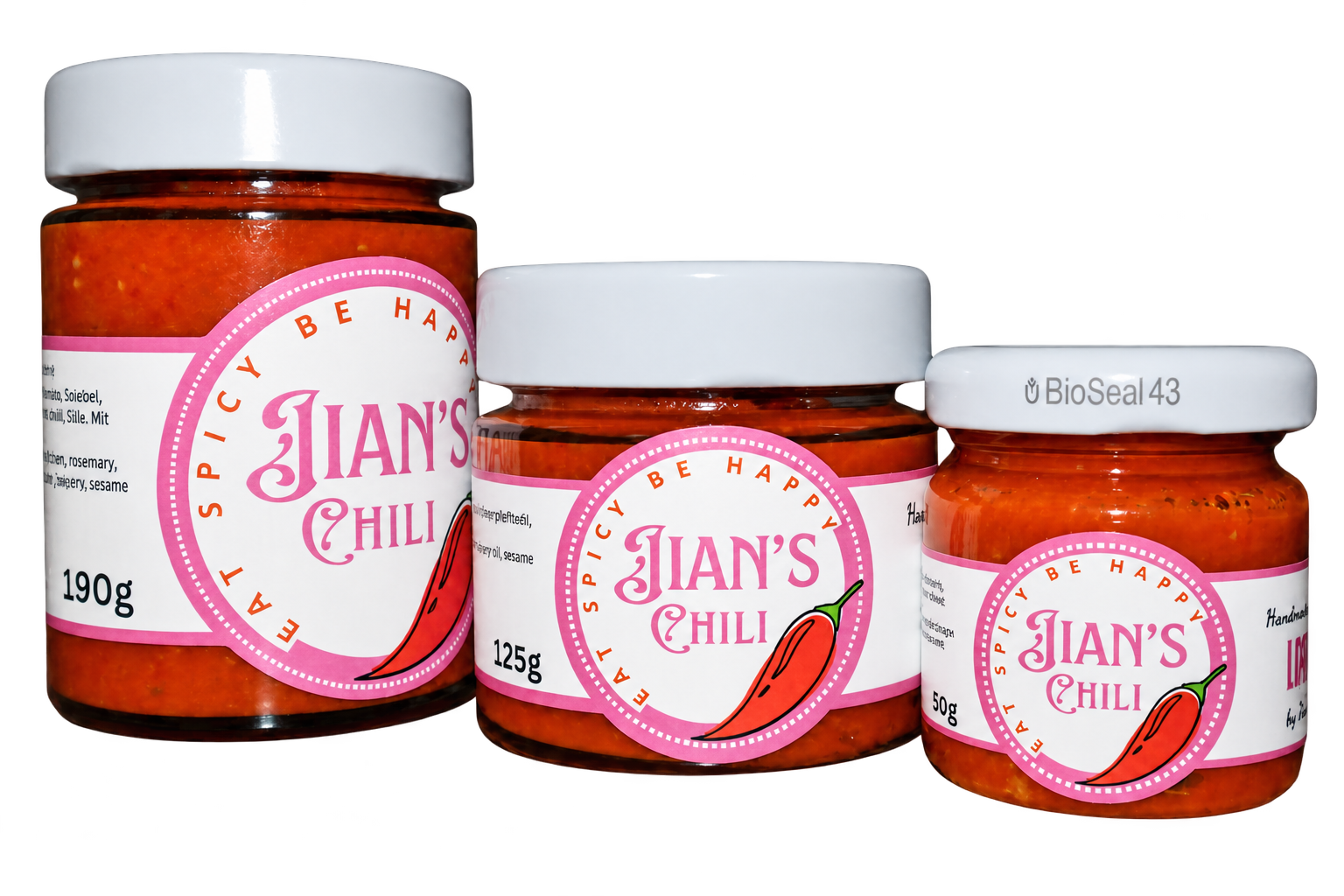 Jian’s Chili sauce in 190g, 125g and 50g jars